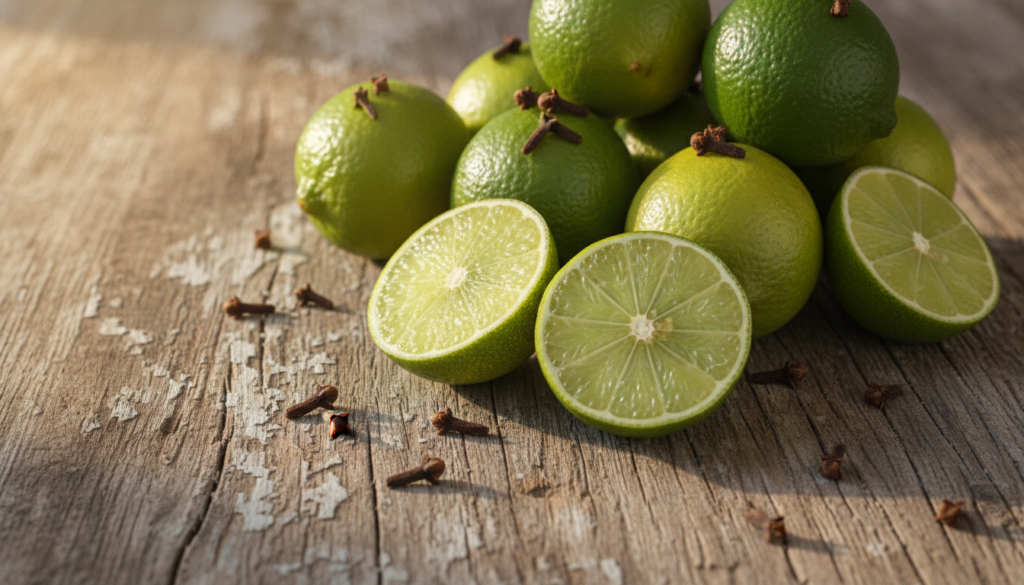 A close-up shot of fresh green limes and whole dried cloves scattered on a rustic wooden surface highlighting the natura