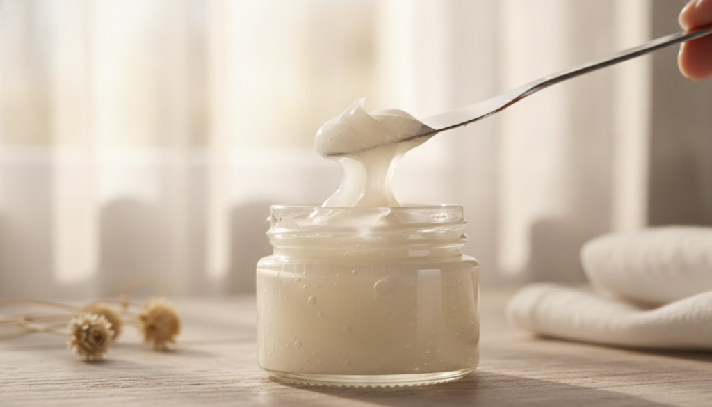 Small jar with mixed baby oil and Vaseline showing a smooth creamy texture