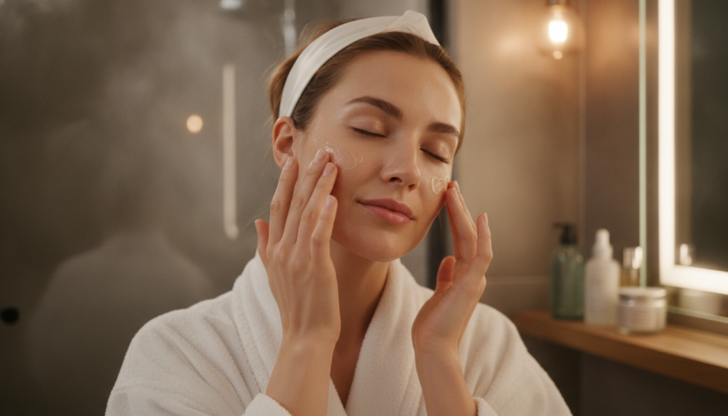 A woman gently massaging the baby oil and Vaseline blend onto her face at night