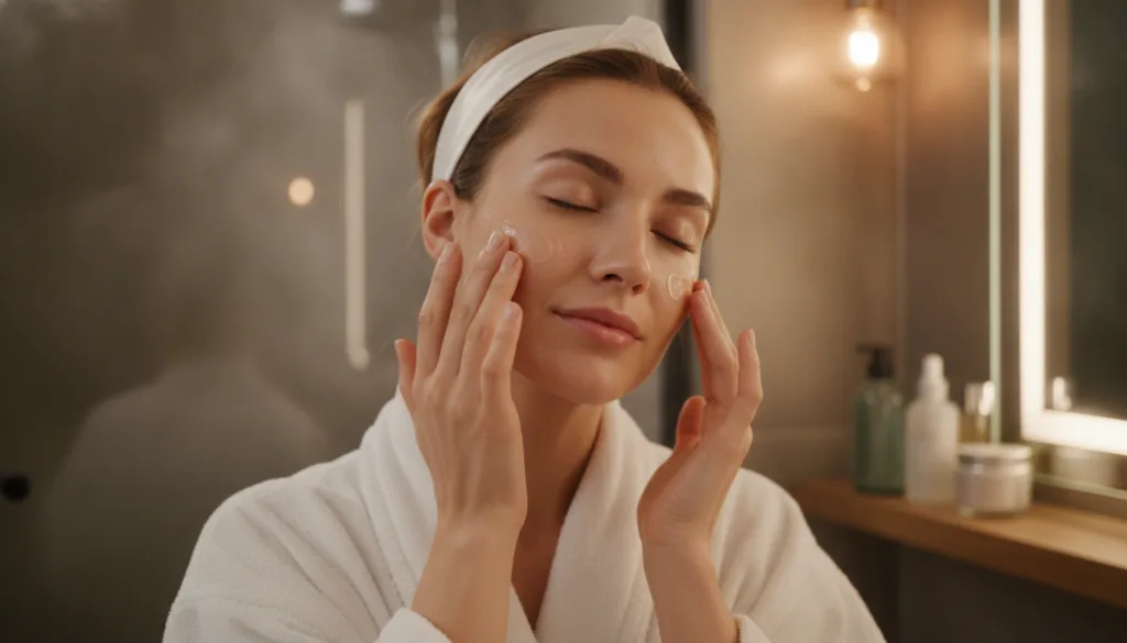 A woman gently massaging the baby oil and Vaseline blend onto her face at night
