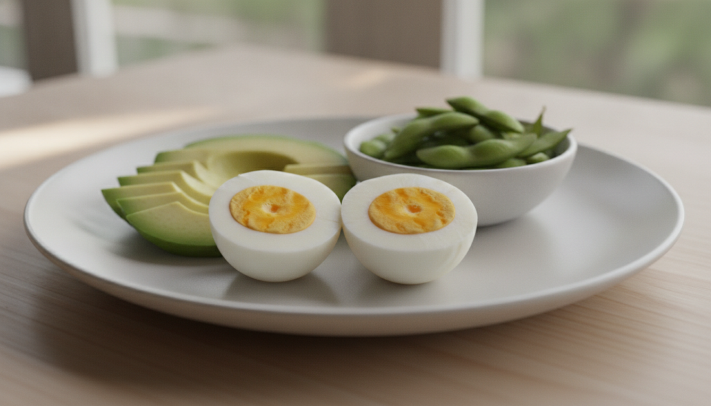 A close-up shot of a perfectly peeled hard-boiled egg cut in half alongside slices of fresh avocado and a small bowl of 