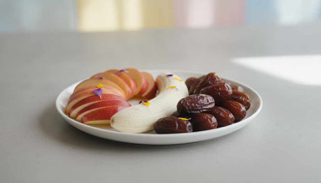 A bright colorful plate featuring neatly sliced red apples a peeled banana and a few plump dates arranged artfully on a 