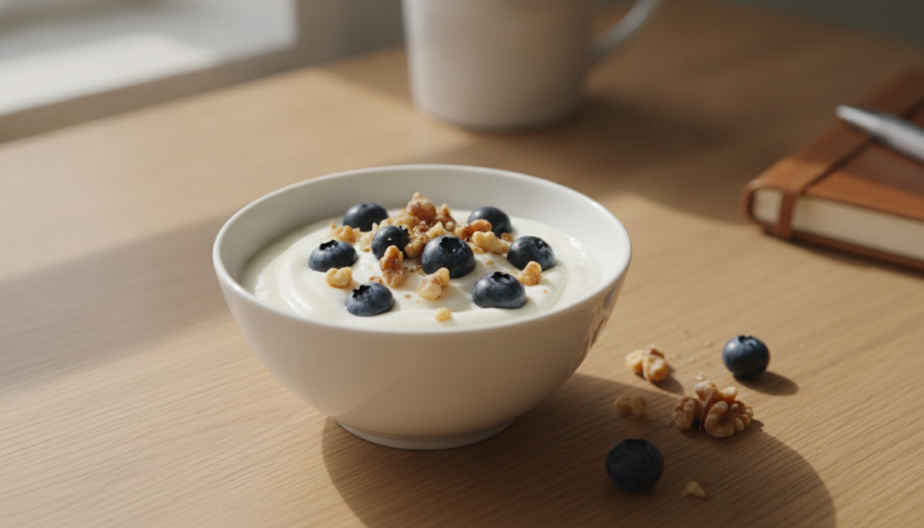 A small elegant white bowl of Greek yogurt topped with fresh blueberries and a sprinkle of walnuts placed on a light-col