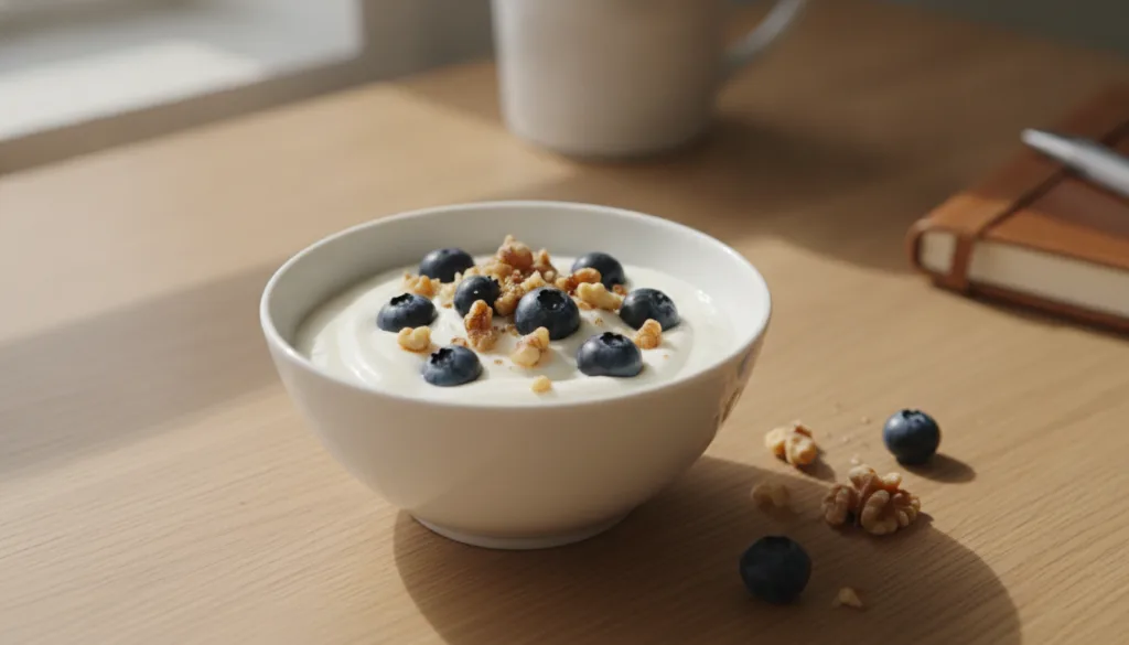A small elegant white bowl of Greek yogurt topped with fresh blueberries and a sprinkle of walnuts placed on a light-col