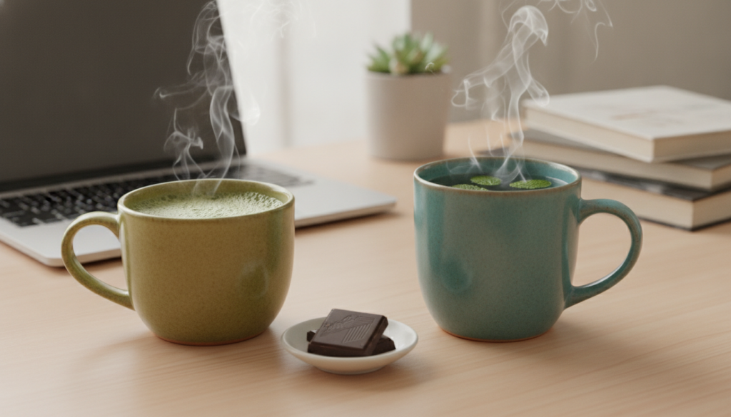 A warm mug of green tea a small square of dark chocolate and a steaming mug of peppermint tea all arranged on a clean de