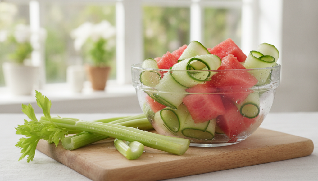 A refreshing bowl filled with bright green cucumber slices and vibrant red watermelon cubes next to a few crisp celery s
