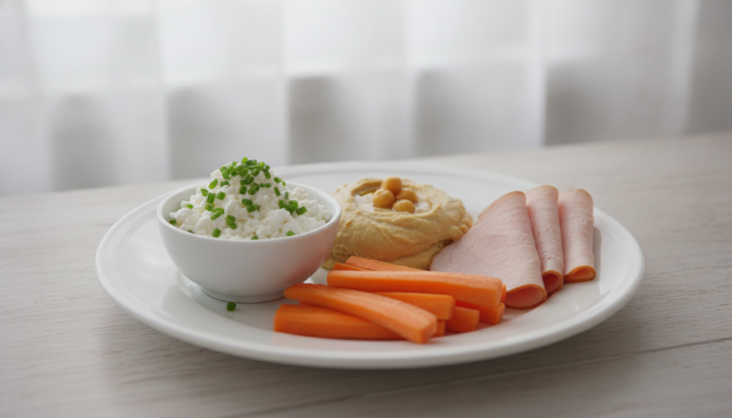 A small bowl of cottage cheese garnished with chives a serving of creamy hummus with a few carrot sticks and neatly fold