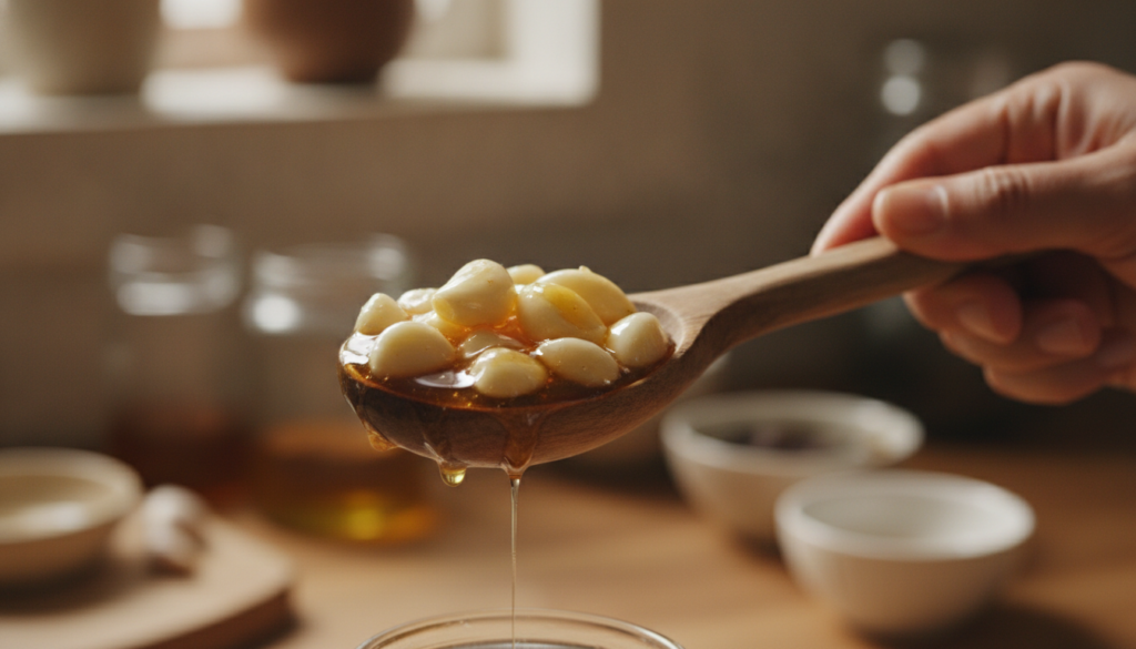 A person s hand holding a wooden spoon with a spoonful of garlic and honey mixture ready to consume against a softly blu
