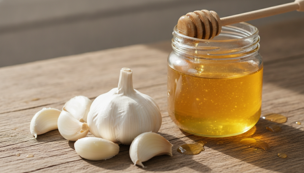 Close-up of fresh raw garlic cloves and a jar of golden raw honey with a wooden dipper bathed in soft natural light on a