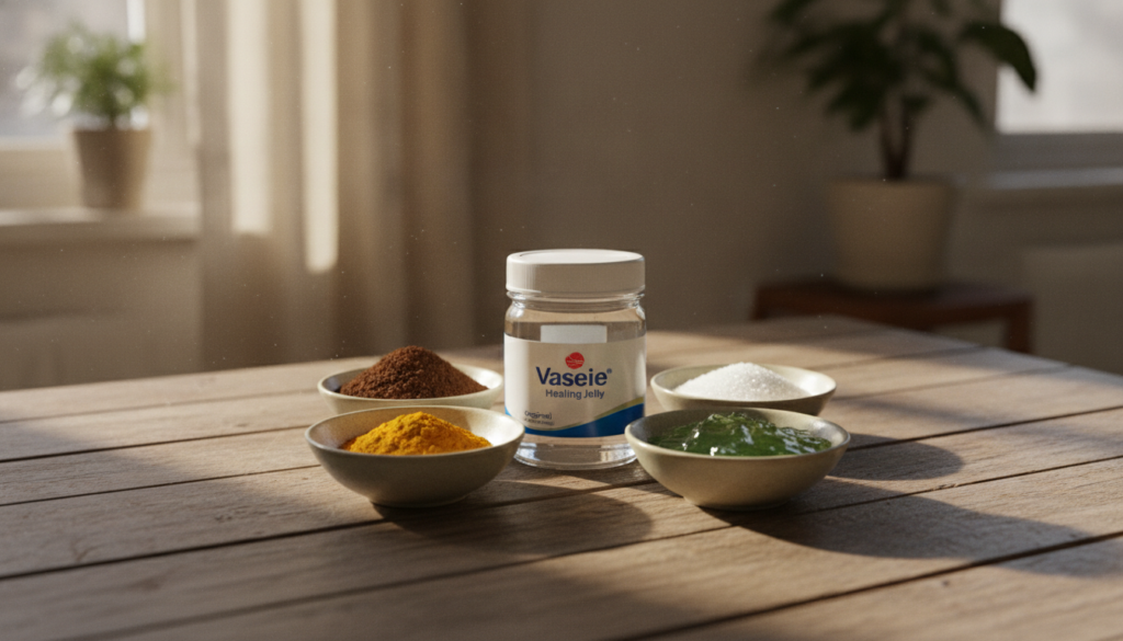 A jar of Vaseline Original Healing Jelly surrounded by natural beauty ingredients like coffee grounds turmeric powder su