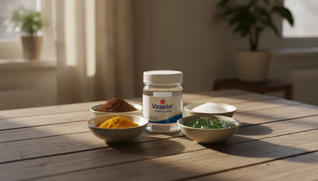 A jar of Vaseline Original Healing Jelly surrounded by natural beauty ingredients like coffee grounds turmeric powder su