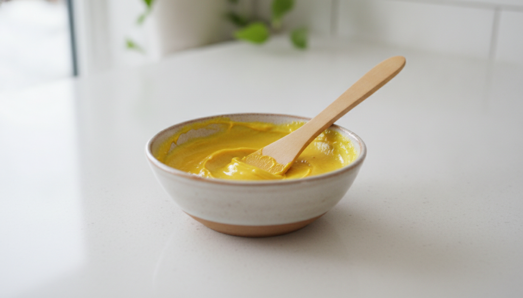 A small bowl containing a yellow paste made of turmeric and Vaseline with a small spatula or brush for application on a 