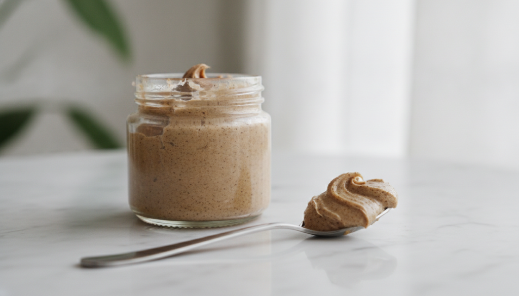 A small glass jar with a mixture of coffee grounds and Vaseline next to a spoon with some of the mixture on a light back