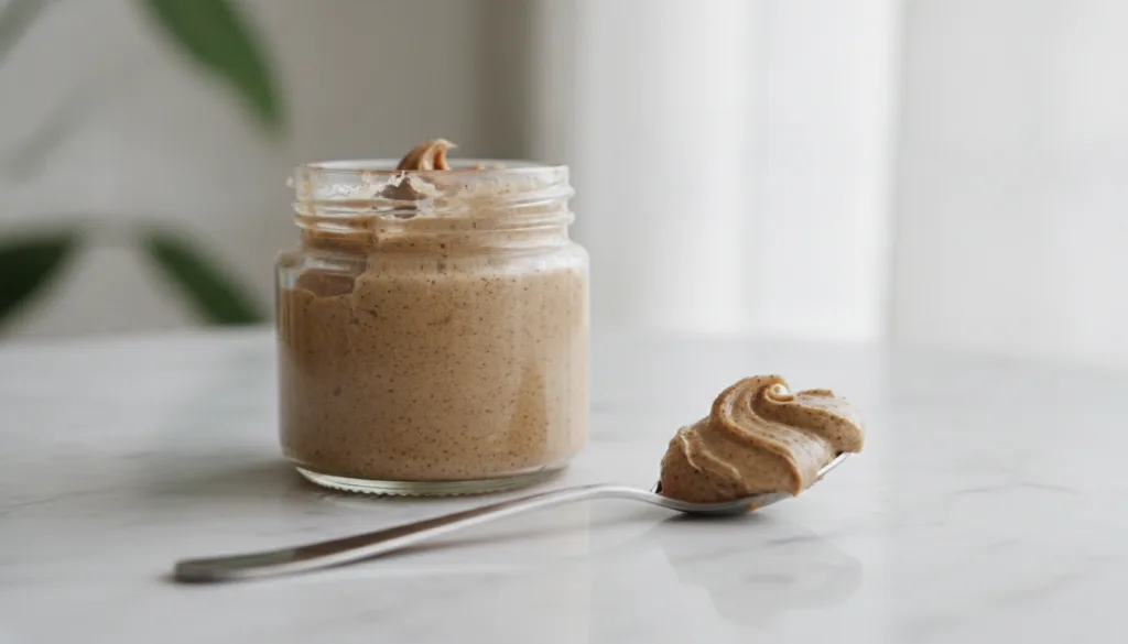 A small glass jar with a mixture of coffee grounds and Vaseline next to a spoon with some of the mixture on a light back