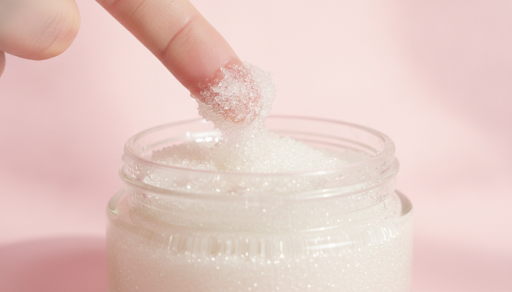 Close-up of a small glass container with a mixture of sugar and Vaseline with a finger gently testing the texture on a s