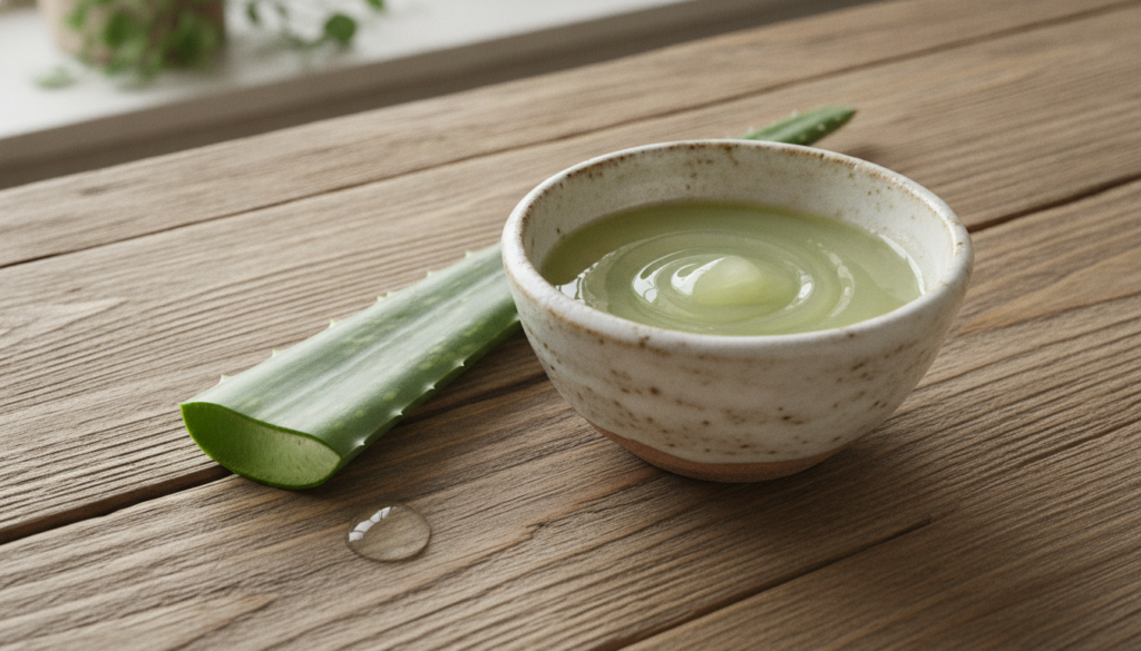 A small container with a white-greenish mixture of aloe vera and Vaseline next to an aloe vera leaf on a natural earthy 
