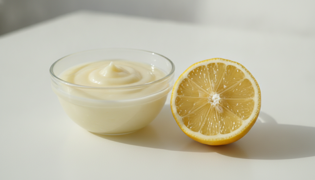 A small bowl with a mixture of Vaseline and a few drops of lemon juice next to a sliced lemon half on a clean white surf