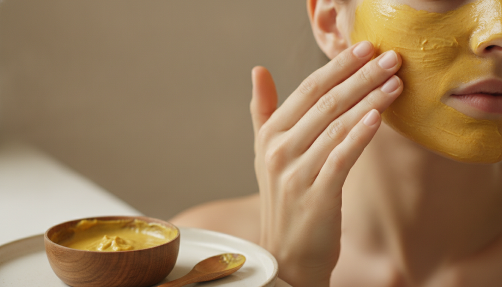 A person applying a turmeric and Vaseline mask to their face with a bowl of the mixture visible in the foreground