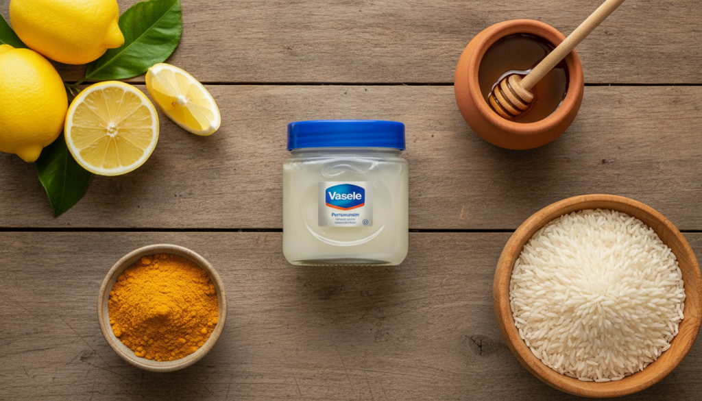 A collection of natural ingredients for DIY beauty including a jar of Vaseline lemons turmeric powder a jar of honey and
