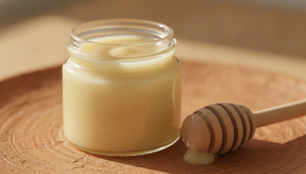 A close-up of a small glass jar containing a mixture of Vaseline and golden honey with a wooden honey dipper beside it o