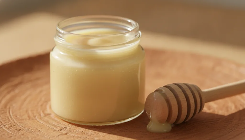 A close-up of a small glass jar containing a mixture of Vaseline and golden honey with a wooden honey dipper beside it o