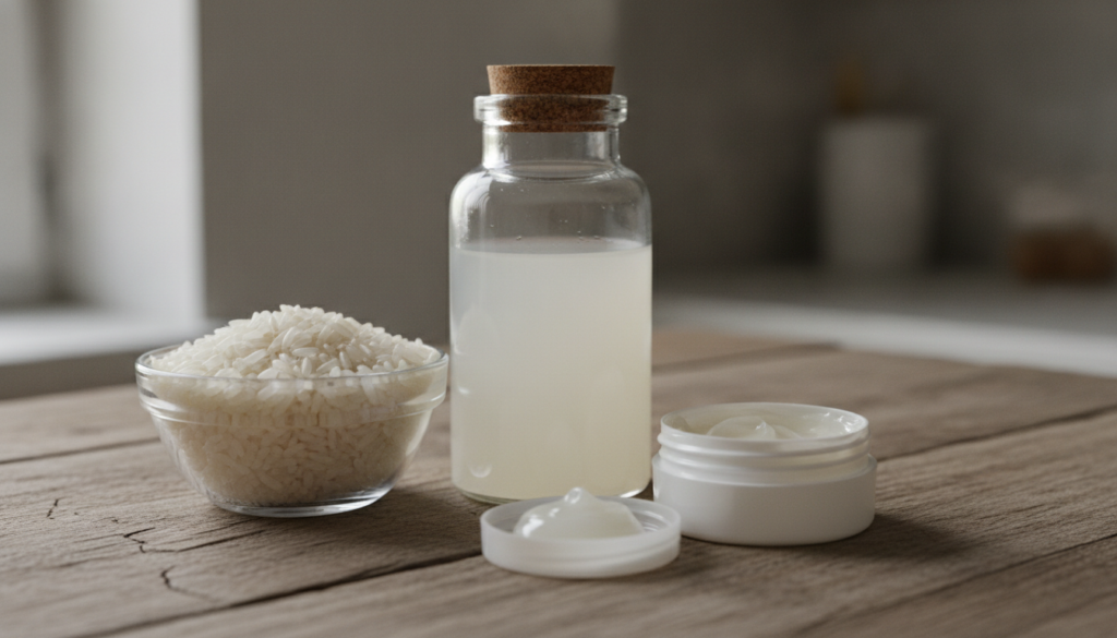 A bowl of uncooked white rice with a bottle of homemade rice water next to it and a small container of Vaseline suggesti