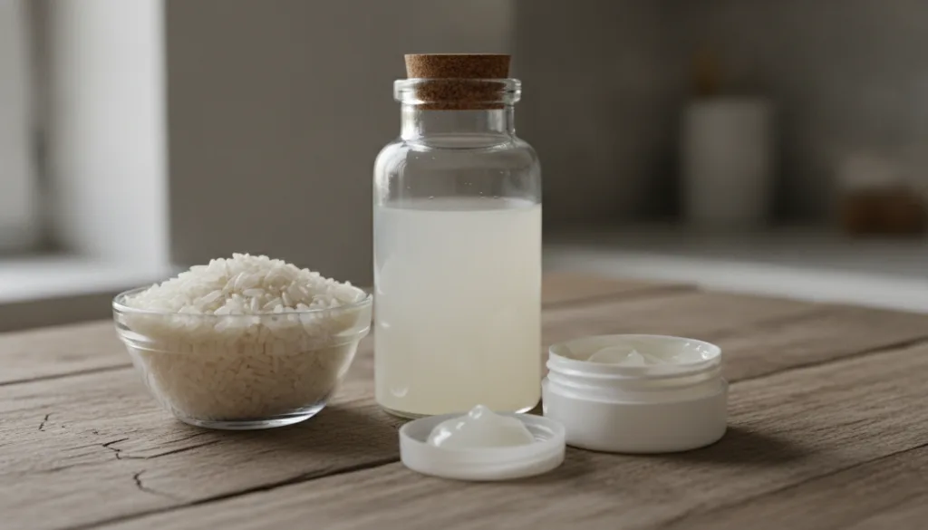 A bowl of uncooked white rice with a bottle of homemade rice water next to it and a small container of Vaseline suggesti