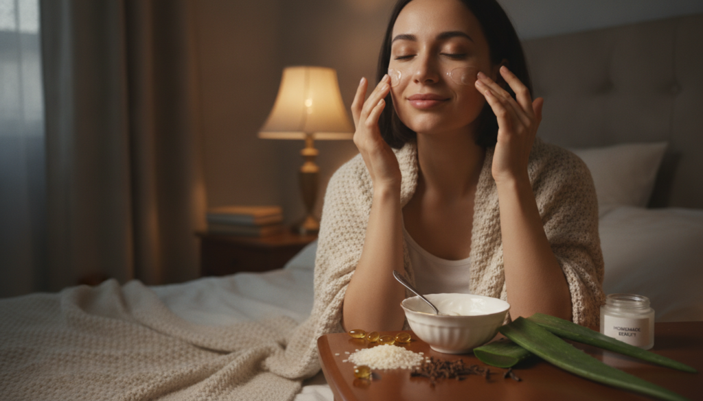 A woman applying a homemade Vaseline mixture to her face before bed with natural ingredients like Vitamin E capsules ric