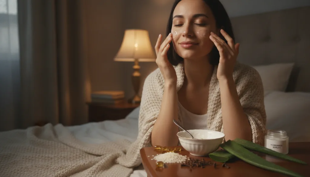 A woman applying a homemade Vaseline mixture to her face before bed with natural ingredients like Vitamin E capsules ric