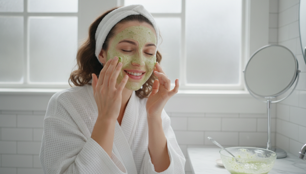 A woman gently applying a homemade cucumber and Vaseline mask to her face in a well-lit bathroom
