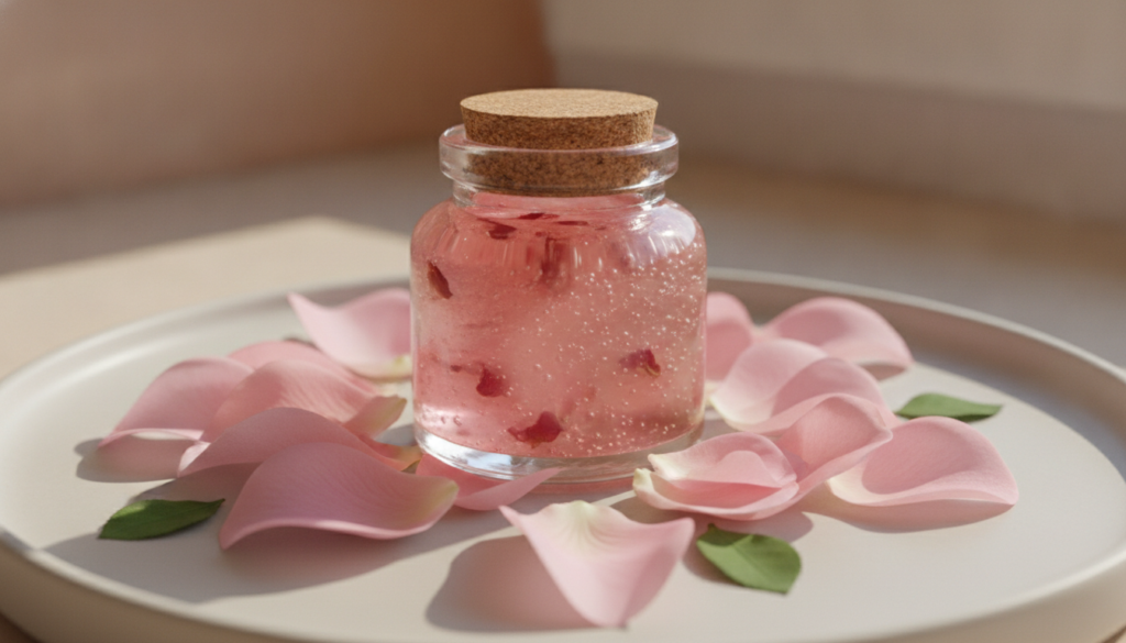 A close-up of a small glass jar containing a homemade rose-infused Vaseline balm with fresh rose petals scattered around