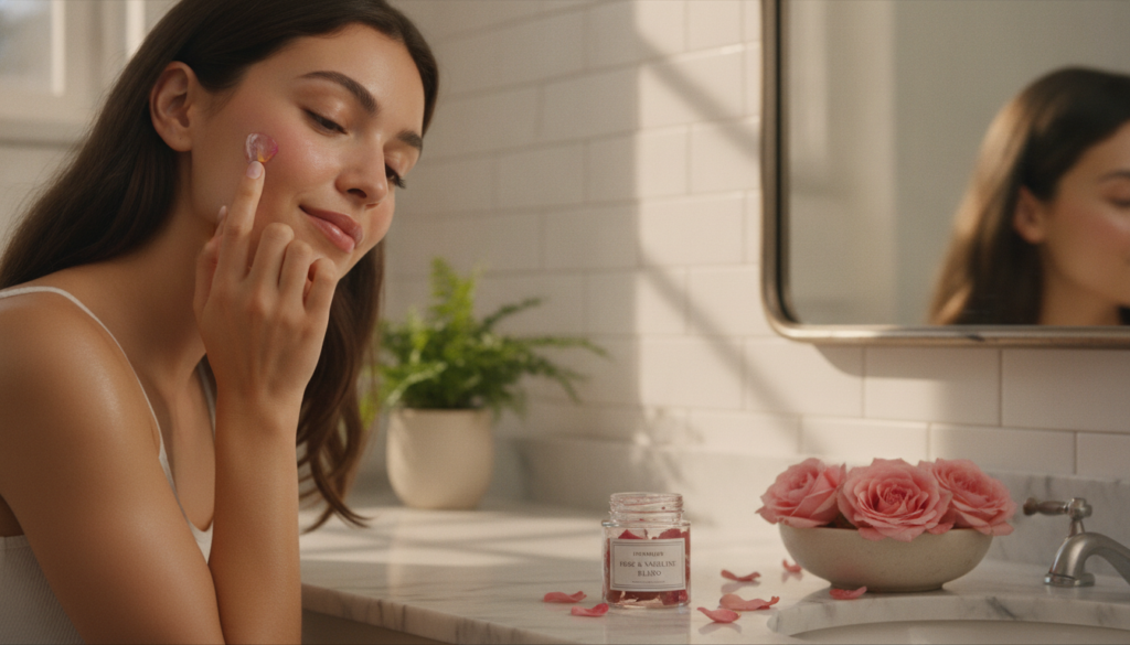 A woman gently applying a homemade rose-infused Vaseline blend to her cheek her skin looking soft and radiant The backgr