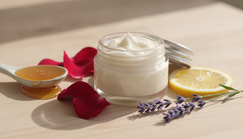 A close-up of a small glass jar filled with a creamy homemade beauty balm Next to it are fresh natural ingredients like 