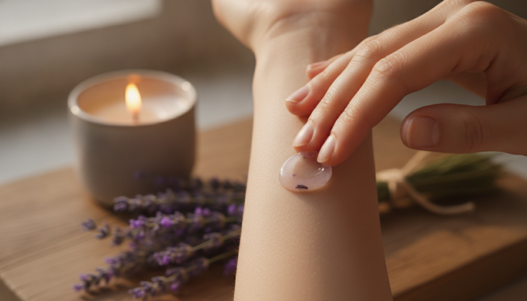 A person s hand applying a small amount of the lavender-infused Vaseline blend to their forearm showing smooth moisturiz