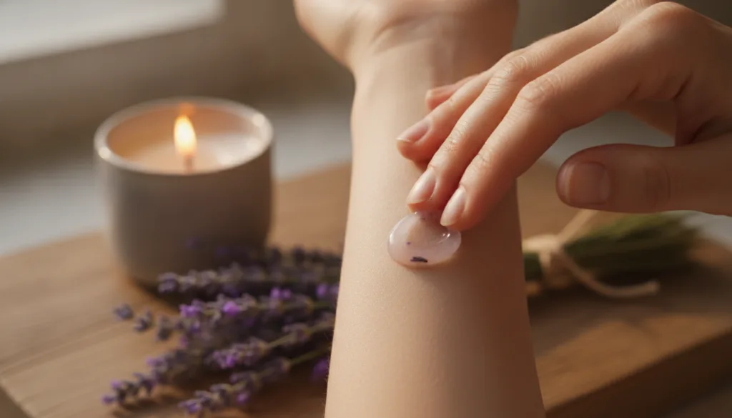 A person s hand applying a small amount of the lavender-infused Vaseline blend to their forearm showing smooth moisturiz