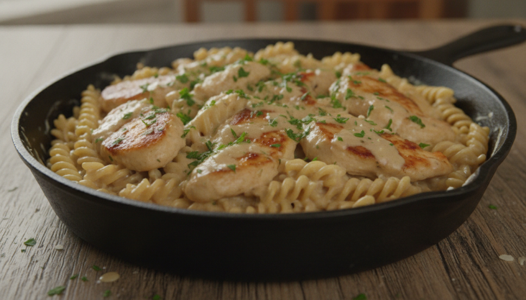 Creamy garlic parmesan chicken with pasta topped with fresh parsley in a skillet on a rustic background