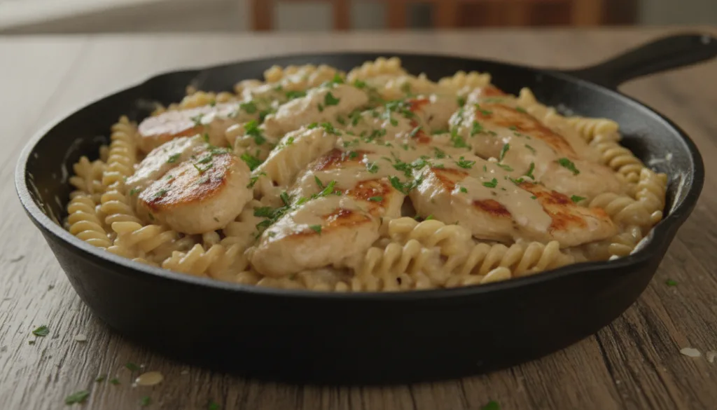 Creamy garlic parmesan chicken with pasta topped with fresh parsley in a skillet on a rustic background