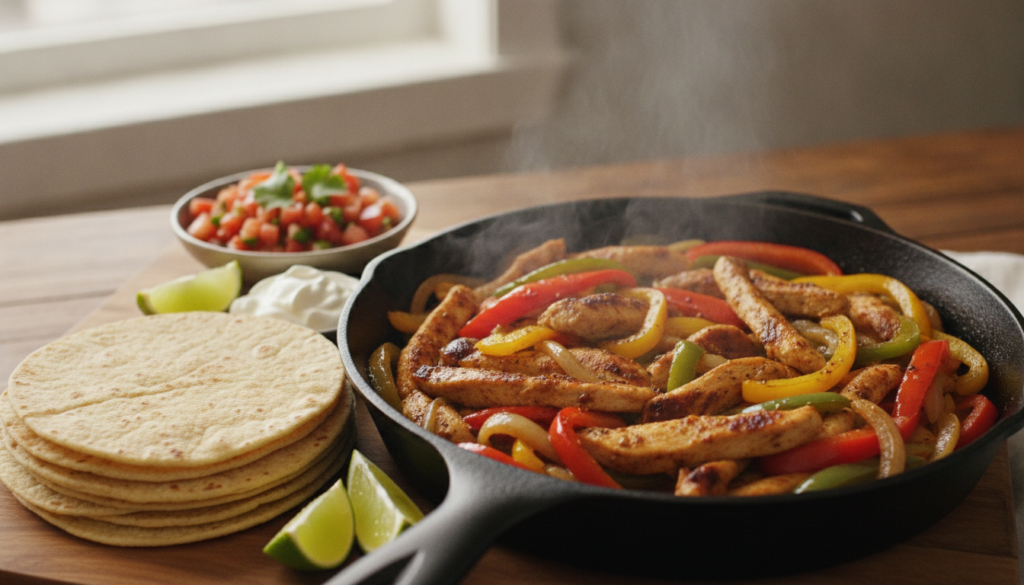 One-pan chicken fajitas in a cast-iron skillet with tortillas salsa sour cream and lime wedges on the side brightly lit