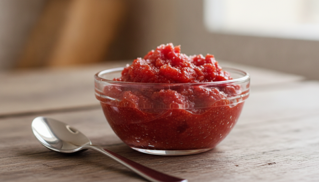 A small bowl containing a reddish granular paste made from mashed tomato and sugar with a spoon beside it ready for appl