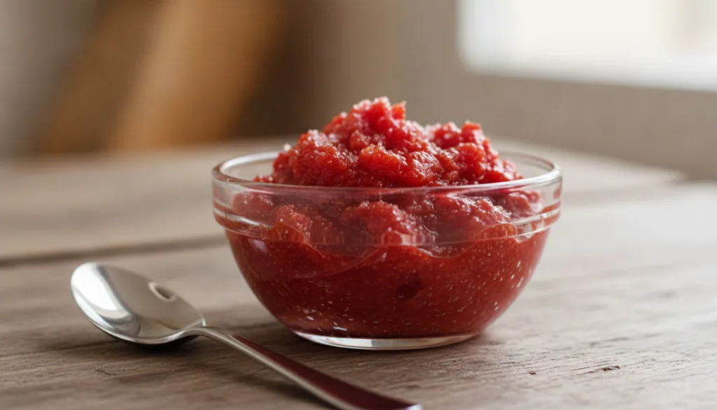 A small bowl containing a reddish granular paste made from mashed tomato and sugar with a spoon beside it ready for appl