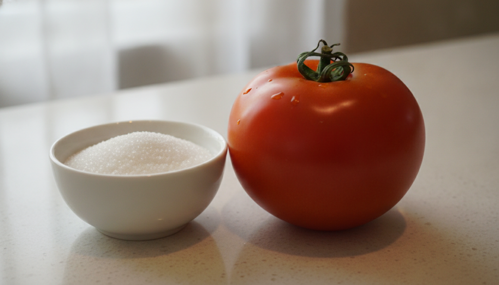 Two main ingredients for the remedy a fresh ripe red tomato and a small bowl of granulated white sugar on a clean kitche