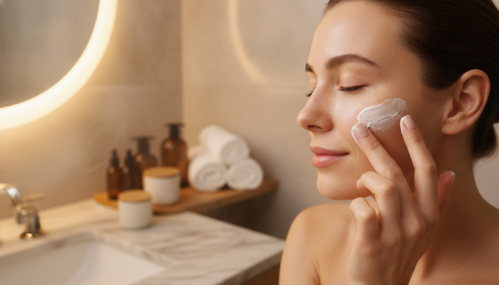 A woman gently applying a homemade cream to her face at night in a soft warm bathroom setting