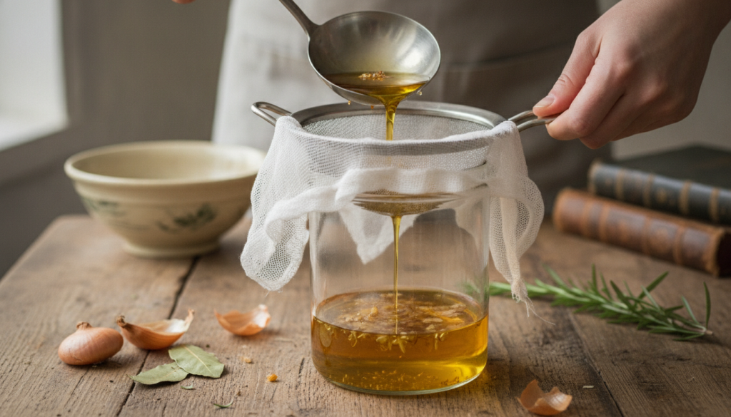 A hand pouring cooled onion-infused oil through a cheesecloth-lined strainer into a clean glass jar