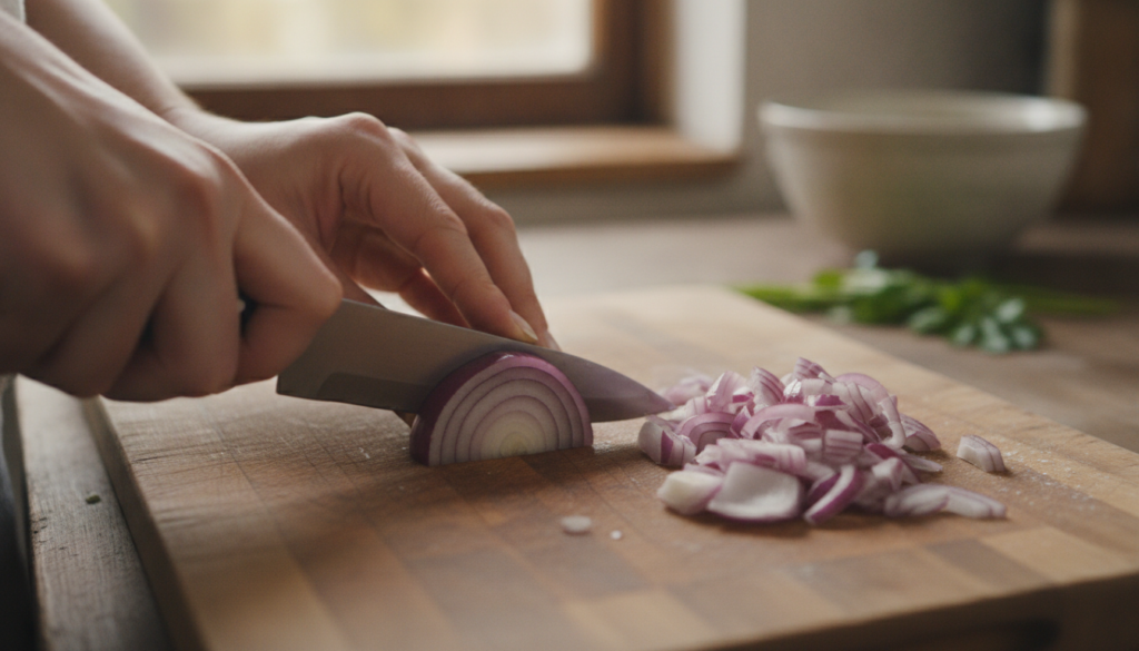 Hands chopping red onions on a wooden cutting board with a knife and a bowl nearby