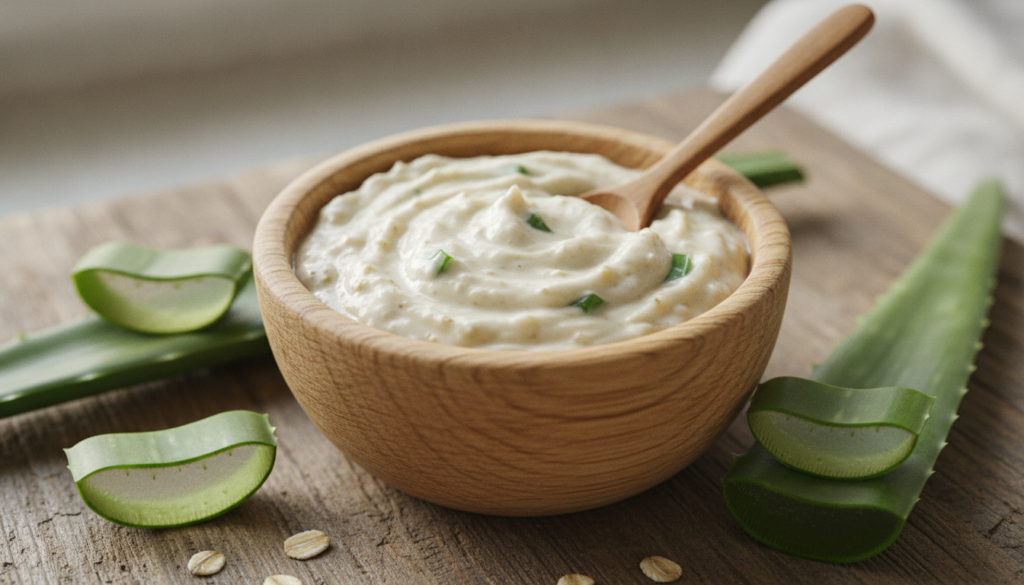 Close up of a small bowl containing the prepared aloe vera and oats scrub with fresh aloe vera leaves and a small spoon 