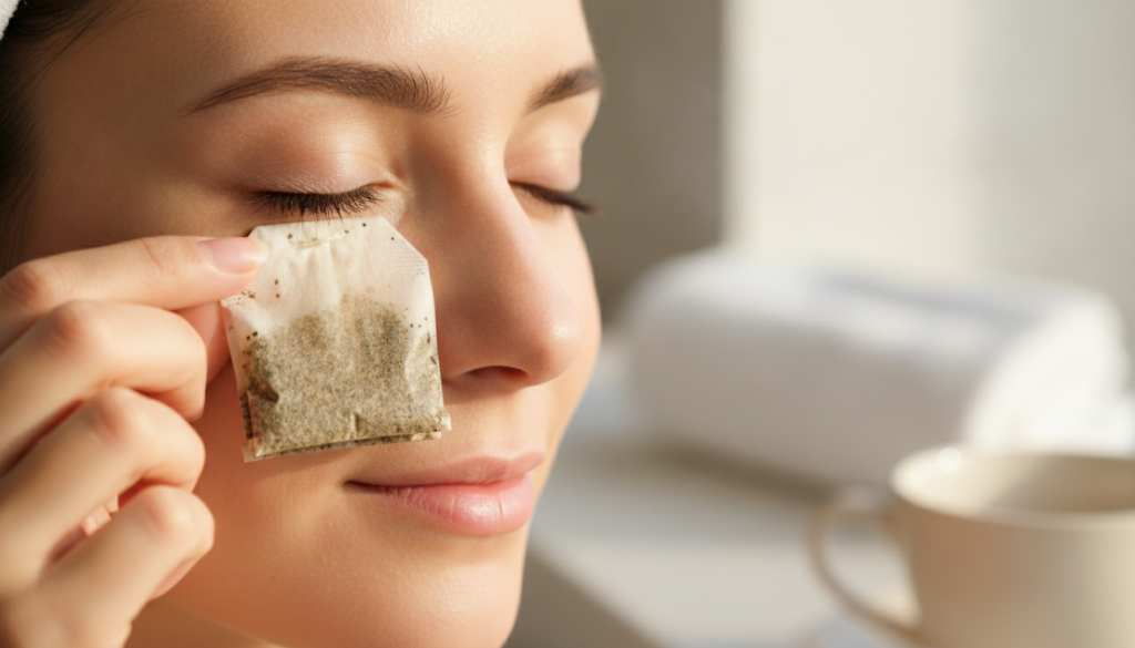 Close-up of a cooled damp tea bag being gently applied to the under-eye area of a woman with a soft focus on the soothin