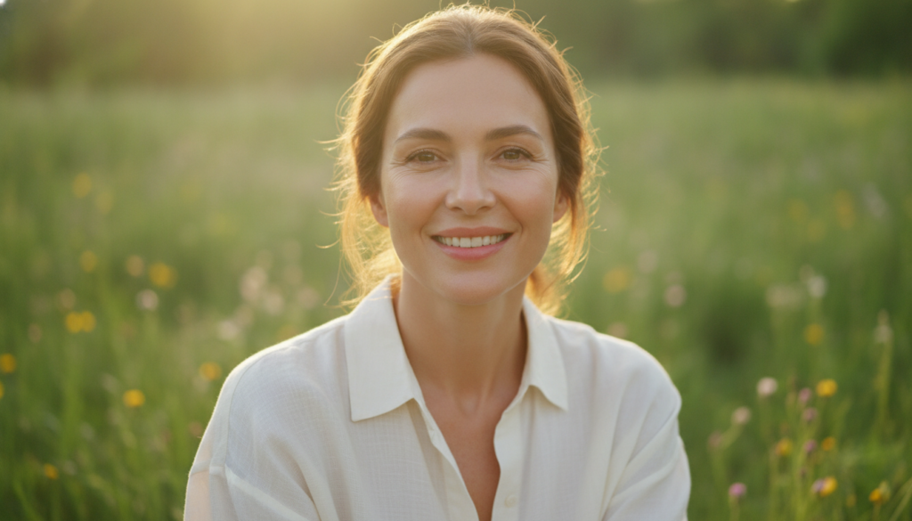 A woman smiling looking fresh and awake with visibly brightened under-eyes possibly after a natural beauty treatment The