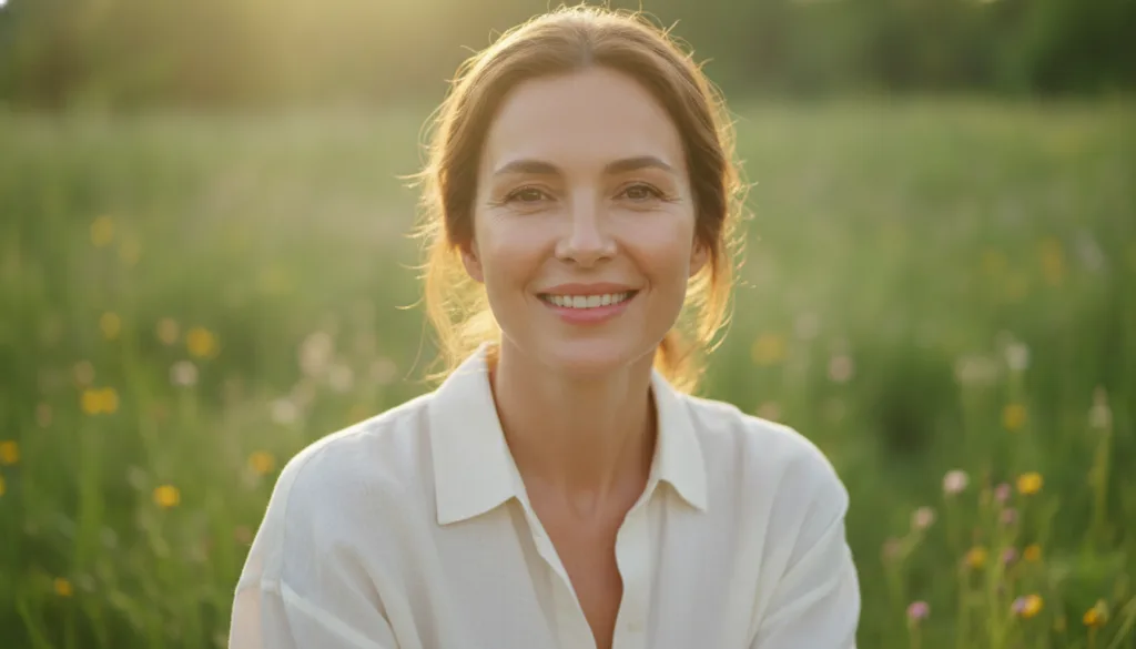 A woman smiling looking fresh and awake with visibly brightened under-eyes possibly after a natural beauty treatment The