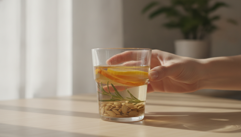 A glass of clear infused water with some pumpkin seeds at the bottom placed on a wooden table with soft morning light co
