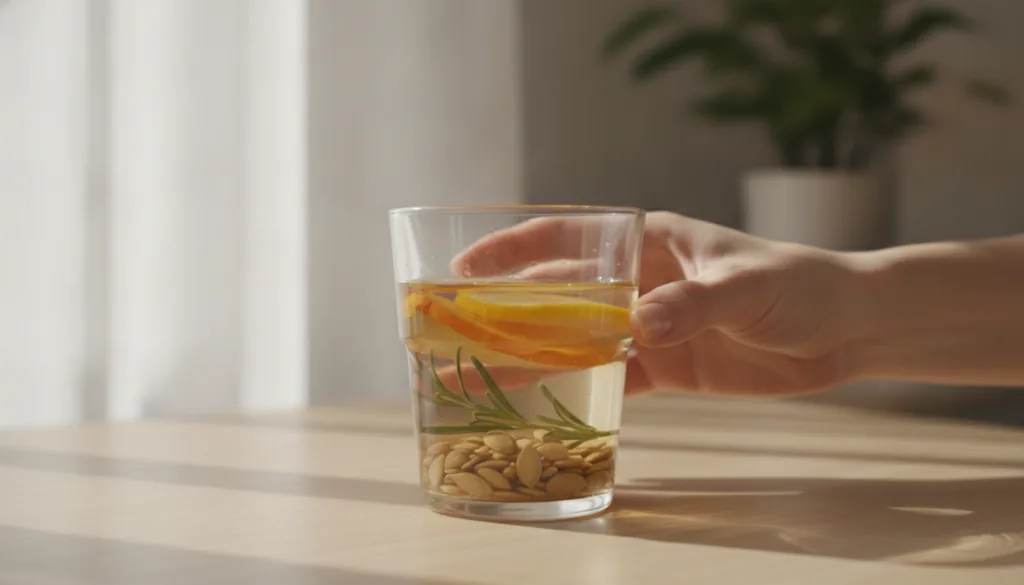 A glass of clear infused water with some pumpkin seeds at the bottom placed on a wooden table with soft morning light co
